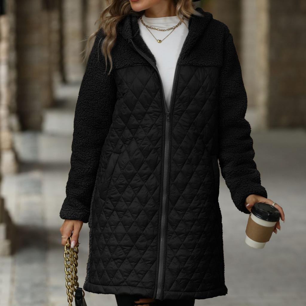 Autumn and Winter Loose Coat Hooded Zipper Plush Coat Coat Seam Loose Cotton Coat