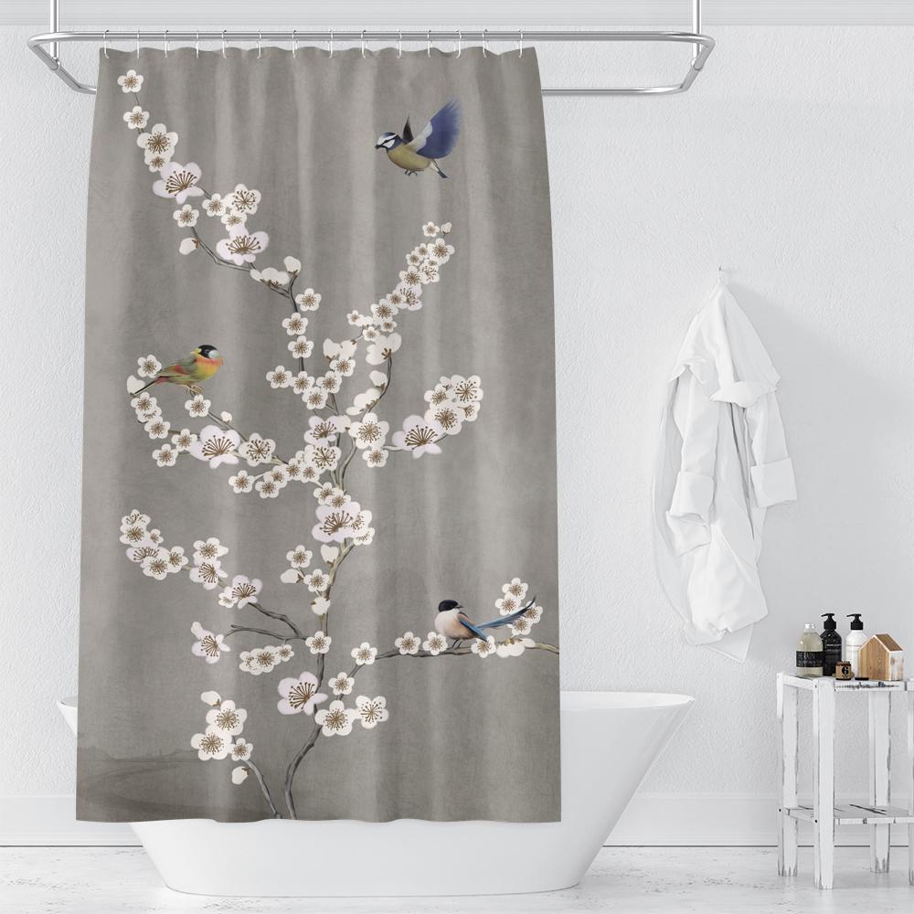 Watercolor Floral and Birds Floral Shower Curtain with Hooks - Waterproof and Minimalist Design for Bathroom Home Decor Curtain