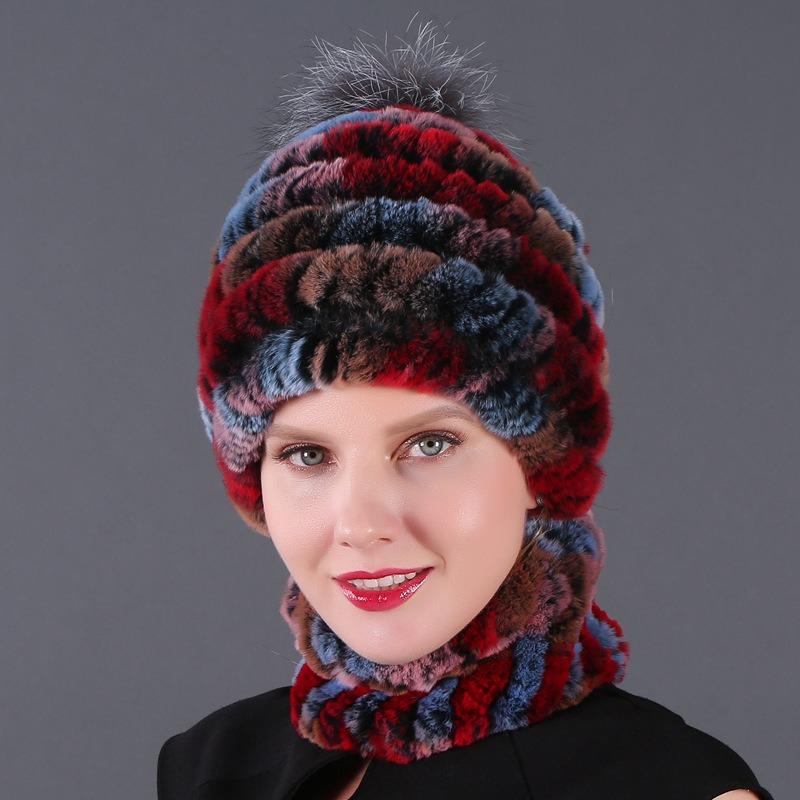 New hat scarf winter thickened thermal hat Rex rabbit fur grass Rex rabbit fur scarf two-piece set