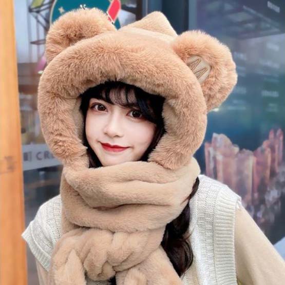 WTEMPO Solid Color Furry Plush Cute Ear Decor Gloves Scarf Hats Cold-proof Windproof Warm Autumn Winter Casual Verstaile Hats