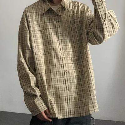 Ohod Herbst und Winter Neues Japanisches Neutrales Retro Lässiges Langarmhemd Maillard Khaki Kariertes Lockeres Hemd für Herren