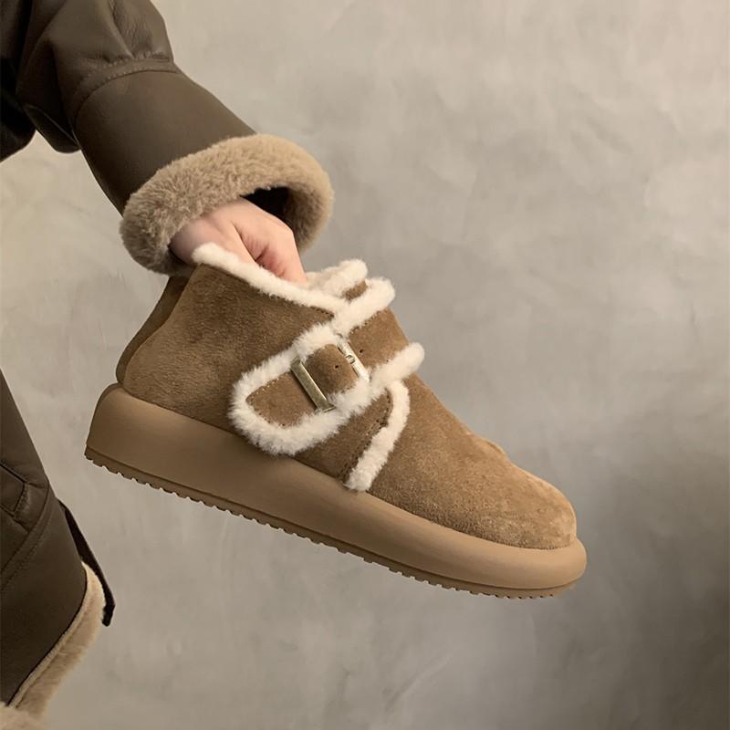 Women's Large Size Hairy Mouth Soft Sole Heightening Warm Fur One Winter Non-slip Snow Boots Plush Lining Outdoor Sports Cotton Short Boots
