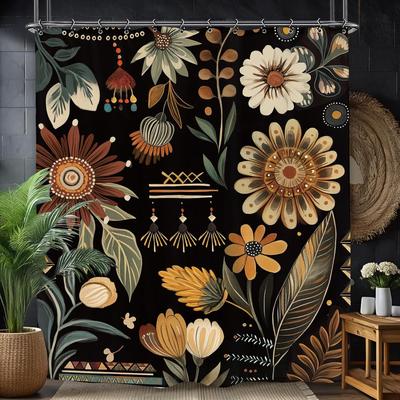 Schwarzer Botanischer Blumen-Duschvorhang, Vintage Bohème Blütenpflanzen-Thema Badezimmerdekoration