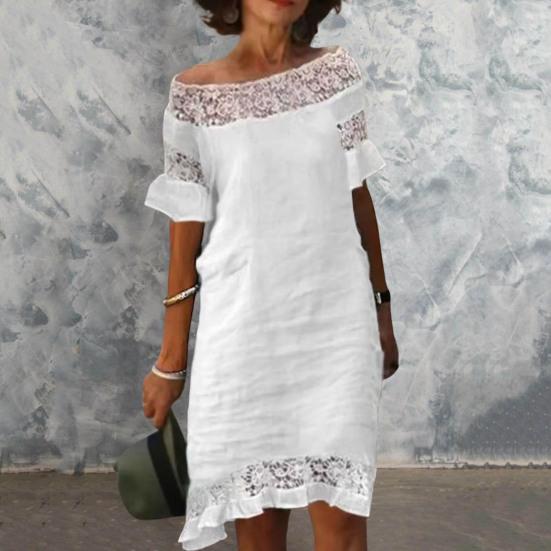 Sommerkleid schulterfrei trägerlos kurze Ärmel Rüschenbesatz Häkelspitze Stickerei Urlaub