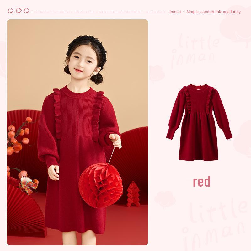 Girls Long Sleeve Red Woolen Knit Dress – Stylish New Year Outfit for Older Children 110 cm