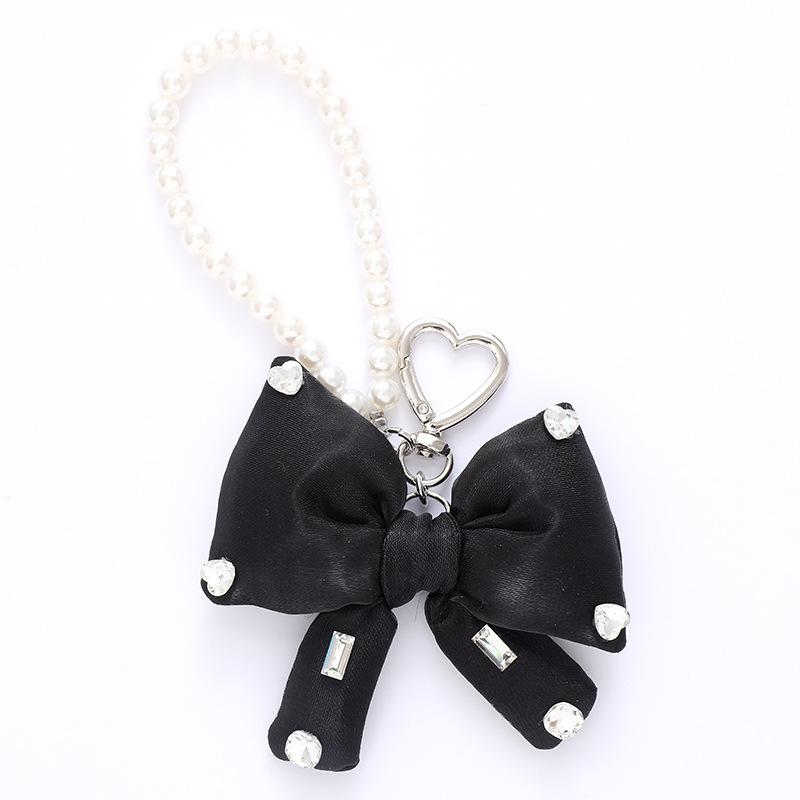 Stock Chic Pearl Beaded Keychain Pendant with a High-end Feel,sparkling Rhinestonesfabric Bow Decorationand Mobile Phone Strap