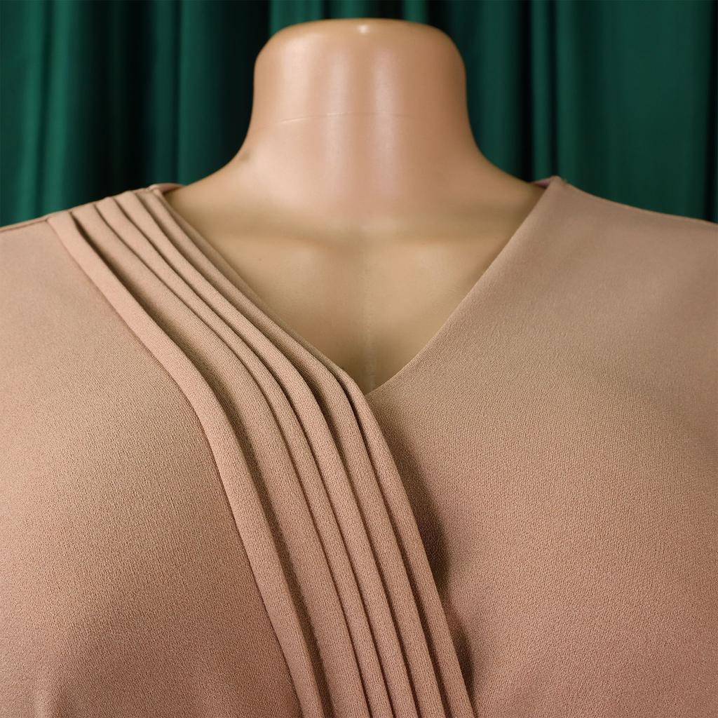 Woman Elegant Dresses Luxury V Neck Summer Full Sleeve Pleated Mid Calf Belt Waisted African Fashion Female Birthday Party Dress