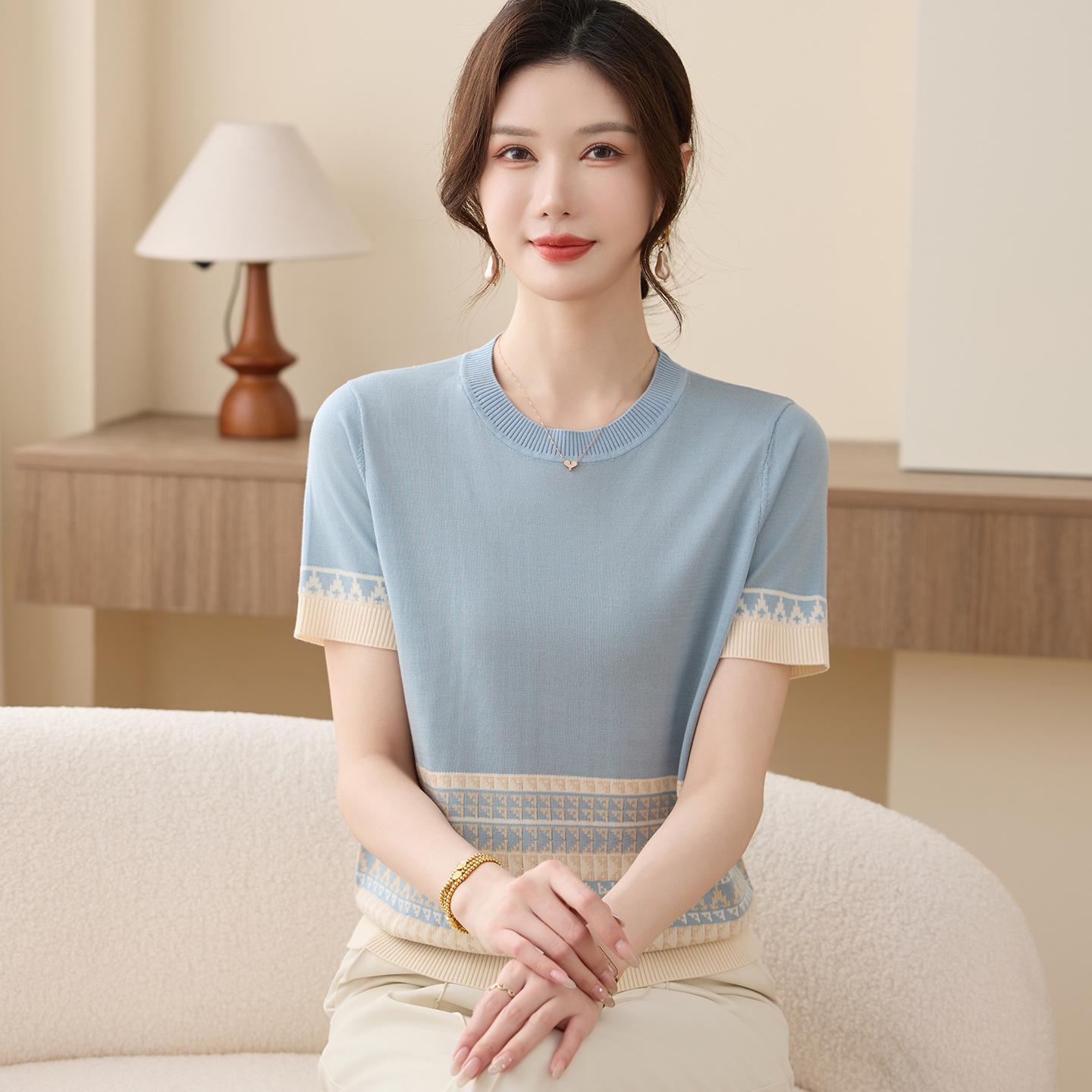 

Mom s Summer Ice Silk T-Shirt: Elegant New Style for Middle-Aged Women XL (recommended 100-110 lbs) синій
