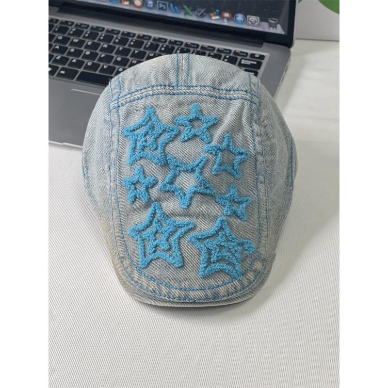 Vintage star washed denim forward hat female versatile reverse beret big head circumference hat spring and autumn