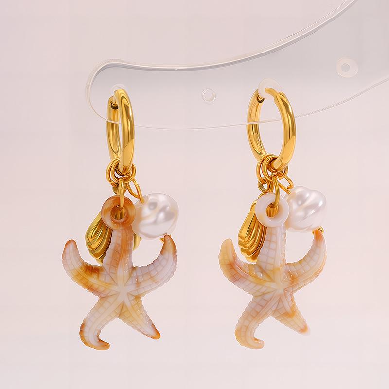 Stainless Steel Earrings with Ocean-themed Pearl Pendants. Sea Star and Dolphin Shell Titanium Steel Earrings for Decoration.
