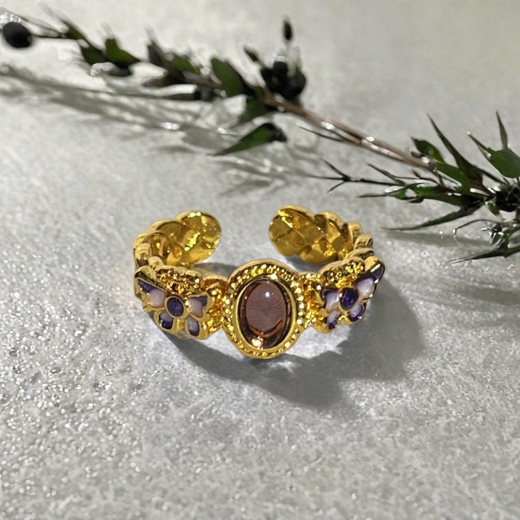 Medieval Vintage Enamel Oil Drop Gourd Open Ring French Retro Court Style Ring Light Luxury Premium Ring