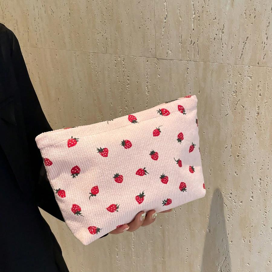 Manšestrová kosmetická taška se vzorem jahod se zipem, velkokapacitní přenosná taška na mytí a péči o pleť pro ženy, cestovní pouzdro na nezbytnosti