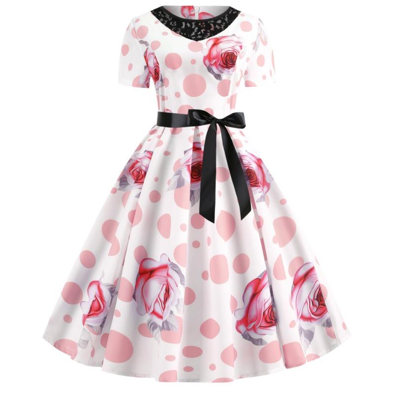 

Generation retro women s clothing supply, temperament lace round neck short sleeve waist polka dot big swing skirt S