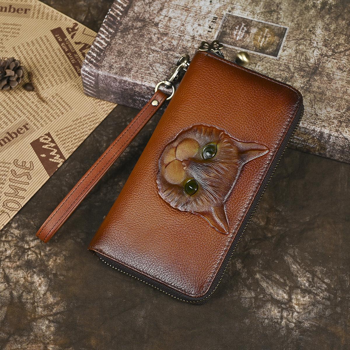Кошелек Женский Длинный Кожаный Новый Стиль Сумка Модный Ретро Чехол для Пальцев Слой Коровья Кожа Кошелек с Кошкой