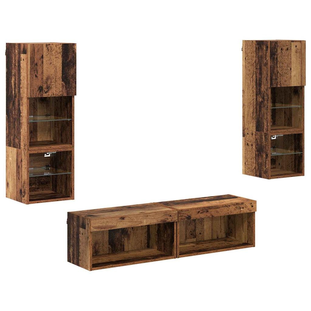 TV Wall Unit with LED Light Strips 6 pcs Reclaimed Wood Effect Particleboard