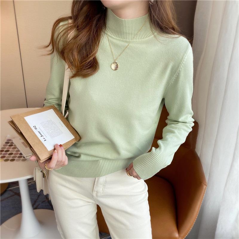 Autumn and Winter Pullovers Sweaters Women Fashion Loose Half High Neck Base Women Knitted Sweater Tops Elegant Solid Simple Ladies Knit Jumper 25730