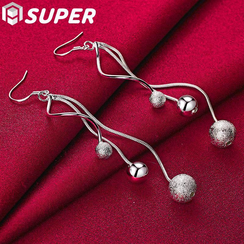 925 Sterling Silver Smooth Frosted Beads Ball Drops Earrings Jewelry