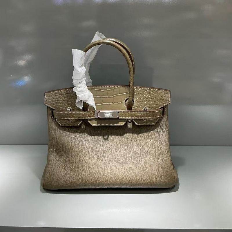 2026 Neue Fubao Leder TOGO Leder mit Mattem Krokodilmuster Echtes Leder Damen Tasche 25/30cm Silberne Schnalle Platin Damen Tasche