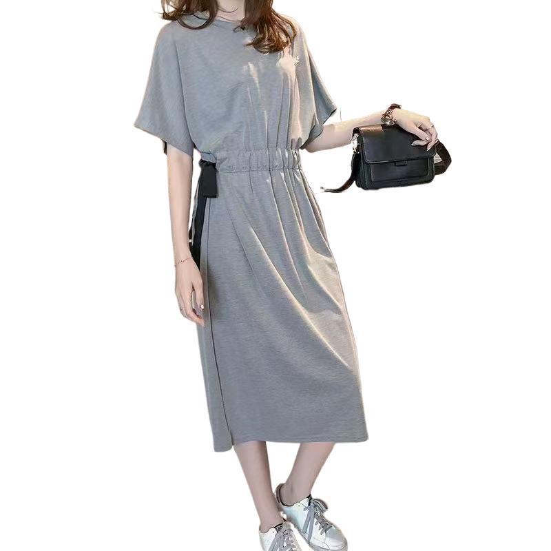 Korean Style Summer Plus Size T-Shirt Dress with Tie Waist and Knee-Length Skirt