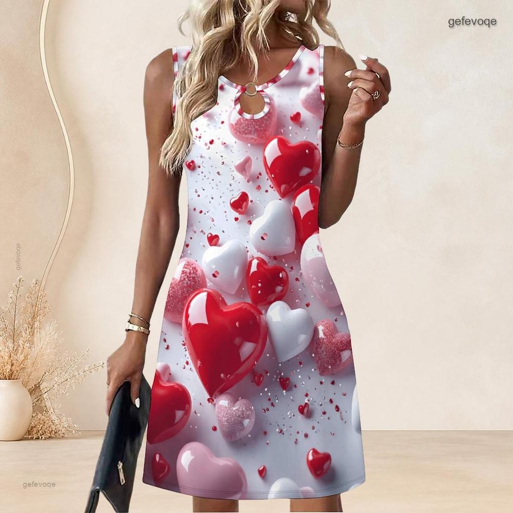 Women Plus Size Sleeveless Round Neck Keyhole Heart Printed A Line Dress Red White Pink