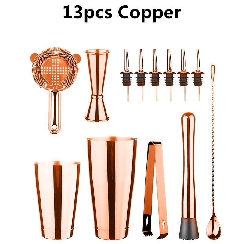 Koktejl Shaker Bar Set: 2 vážené Boston shaker, cedítko na koktejly, odměrka, muddler a lžička, kleště na led a 6 nalévátek na lahve