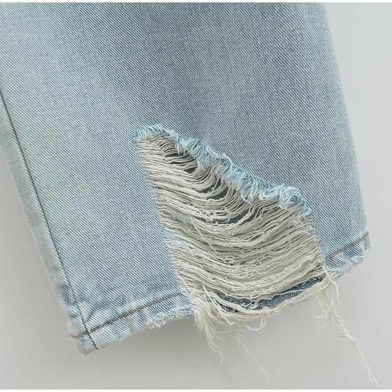 Mode Lässig Damen Voll Längen Locker Sitzende Jeans Gemütlich Mittlere Taille Abgenutzt Baggy Denim Hose Weiter Bein Hinten Aufgerissene Manschette Jean