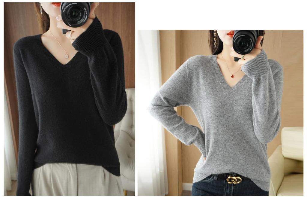 RAKUKOU Knit Long Sleeve Sweater for Solid Highly Easy to Mix and Simple Style Women's Top, Fall/Winter, V-Neck, Wool-Like Texture, Layering, Color,