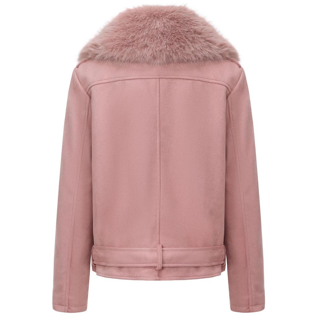 Women’s Faux Fur Coats 2 Way Wear Outfit Detachable Fur Collar Zipper Jacket Matte Faux Suede Crop Top Stylish Motobike Wear