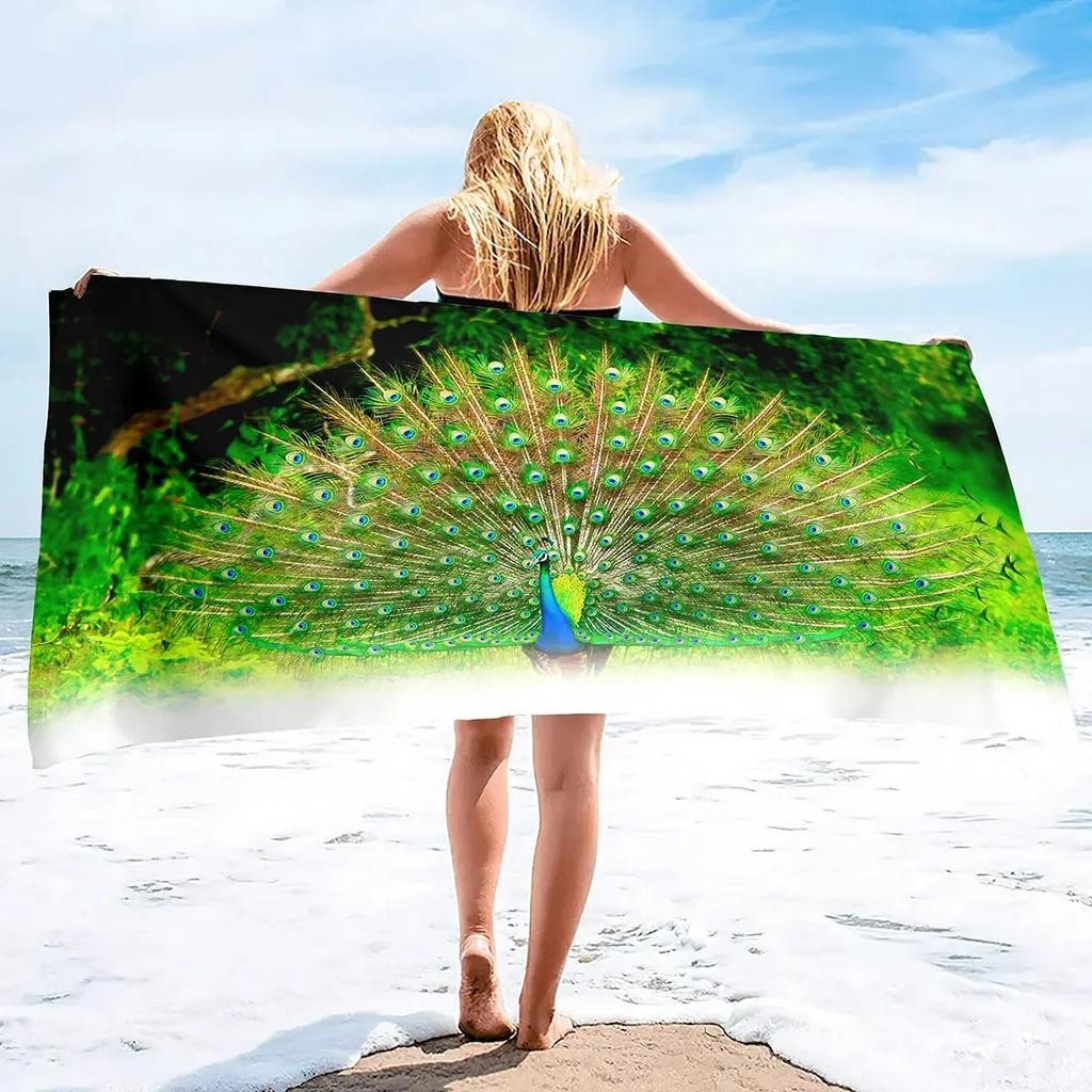 Peacock Beach Towel, Absorbent Quick Dry Sand Free Microfiber Compact Travel Beach Towel, Sandless Lightweight Beach Towel