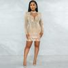 European Sexy Rhinestone See-through Mesh Deep V Party Dress for Women