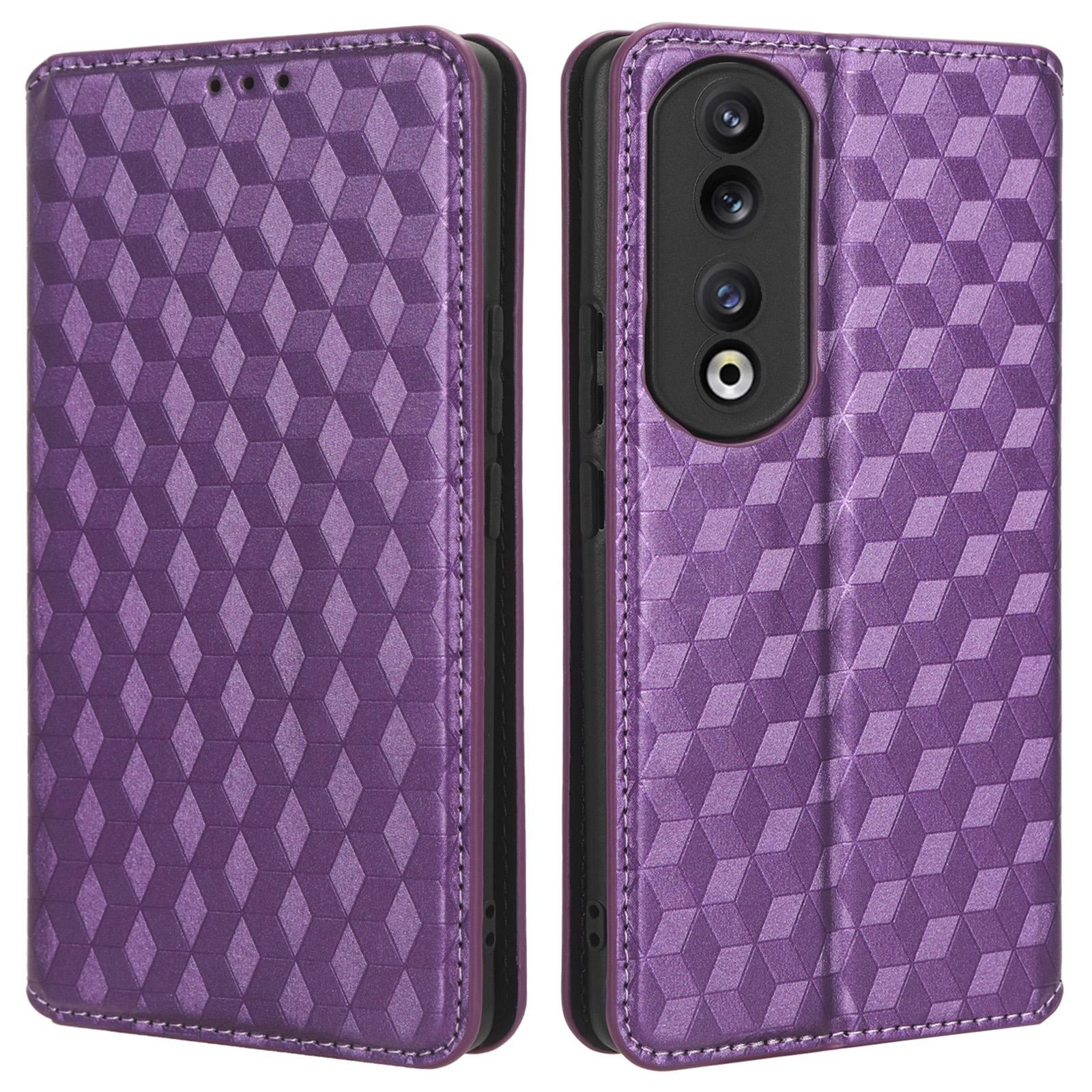 

For Honor 90 Phone Case Shockproof Imprinted Rhombus PU Leather Stand Phone Cover Purple