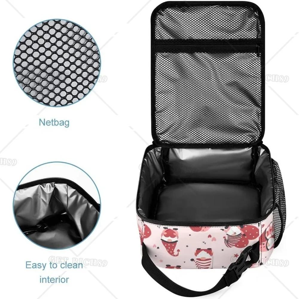 Cute Gnomes Hearts  Reusable Portable Lunch Bag for Men Women, Valentine's Day Theme Insulated Bags for Office Work Trip