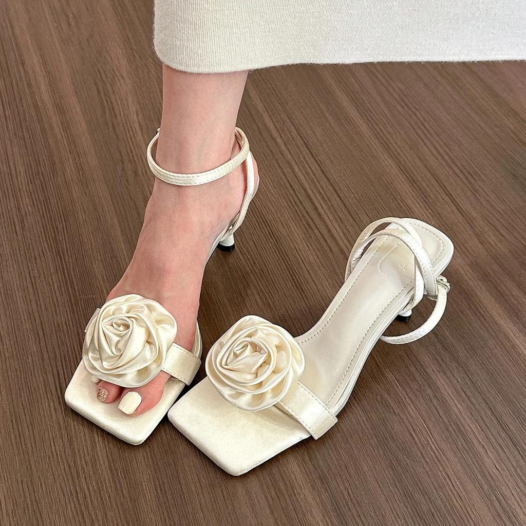 Creamy Rose Women's Sandals 2026 Summer New Style One-Row Square Head Fine Heel High Shoes Microfiber Face Rubber Sole