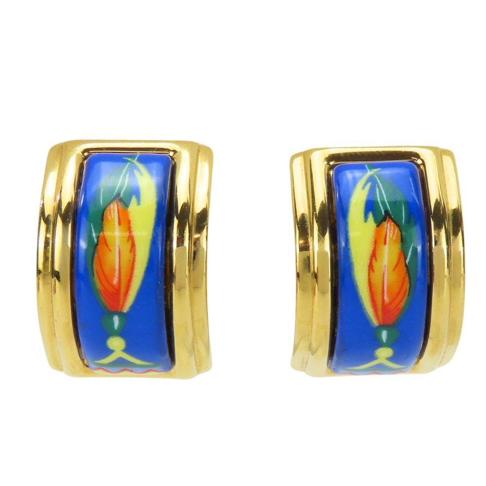 Used HERMES Earring Emile Feather Pattern Metal 15.3g Blue Multicolor Plating