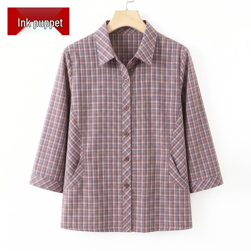 Elderly Women s Versatile 3/4 Sleeve Plaid Shirt 3XL