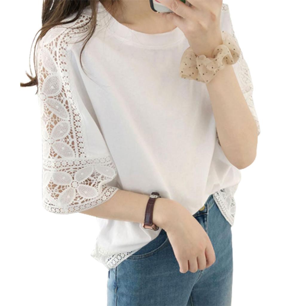 Short Crew Body Loose Summer Clothes [CoeFodMavo] Women's T-shirt, Sleeve, Top, Neck, Plain, Lace, Openwork, Switching, Floral, Embroidery, Oversized,