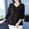 Maglione da donna con scollo a V Primavera Autunno Manica Lunga Ampio Morbido Delicato sulla Pelle Top a Maglia Pullover a Maglia con Strass
