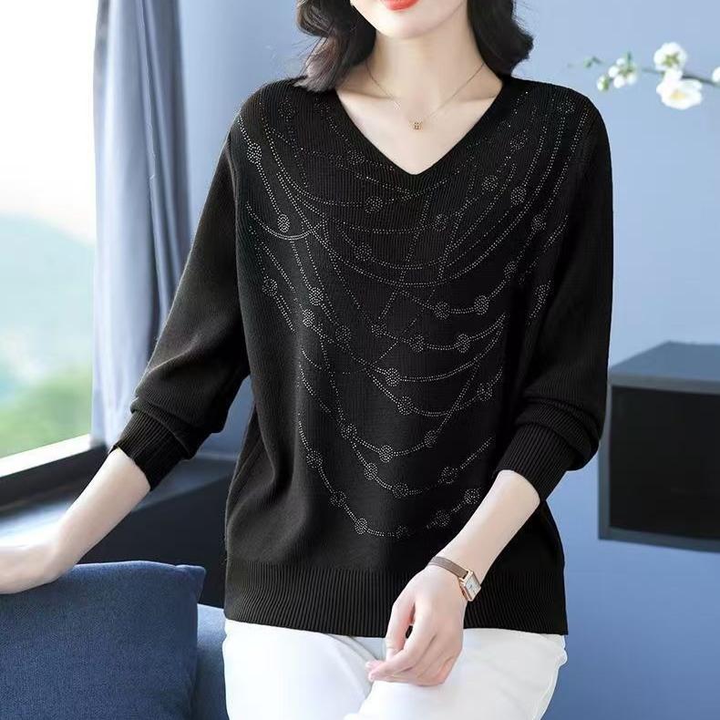 Maglione da donna con scollo a V Primavera Autunno Manica Lunga Ampio Morbido Delicato sulla Pelle Top a Maglia Pullover a Maglia con Strass