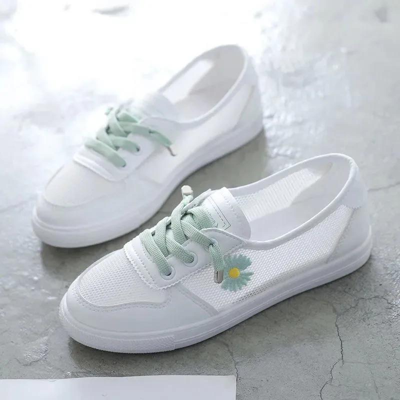 Fashion Women Spring Summer Flats Sneakers Mesh Breathable Tennis Casual Light Hollow Lace Up Femininos White Comfort Shoes