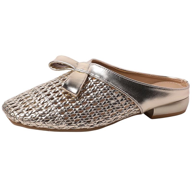 Retro style woven thick heel bag head cool slippers women's summer design French fashion bow muller shoes half slippers