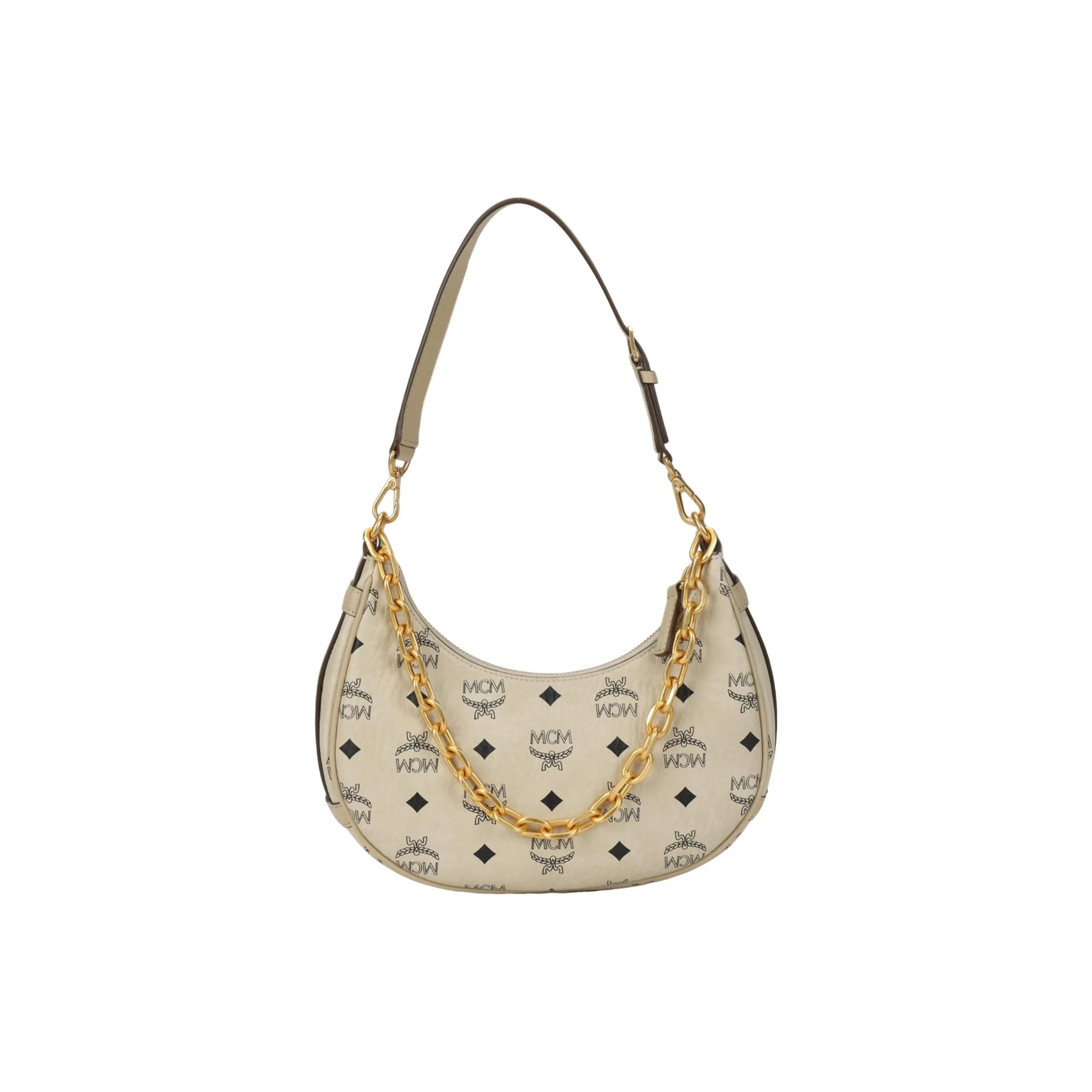 

MCM Aren Visetos Half-Moon Monogram All-Over Print Leather Shoulder Bag Small Unisex Couple s Style Beige Basic Set (Bag + Dust Bag) бежевий