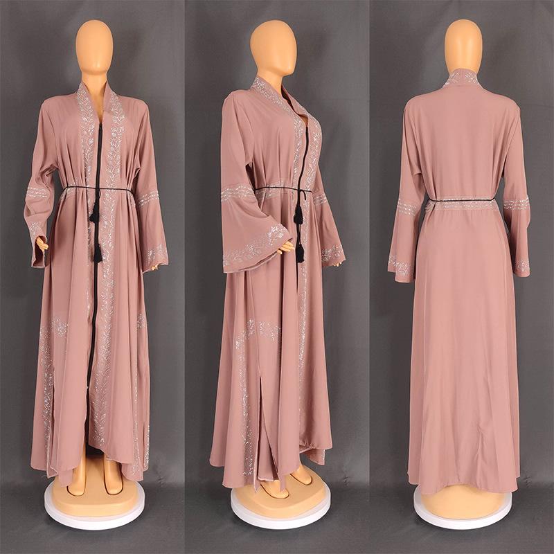 Arabian Style Long Sleeve Bell Bottom Dress Cardigan Robe Large Size Women's Fashionable Casual Geometric Patterned Gown