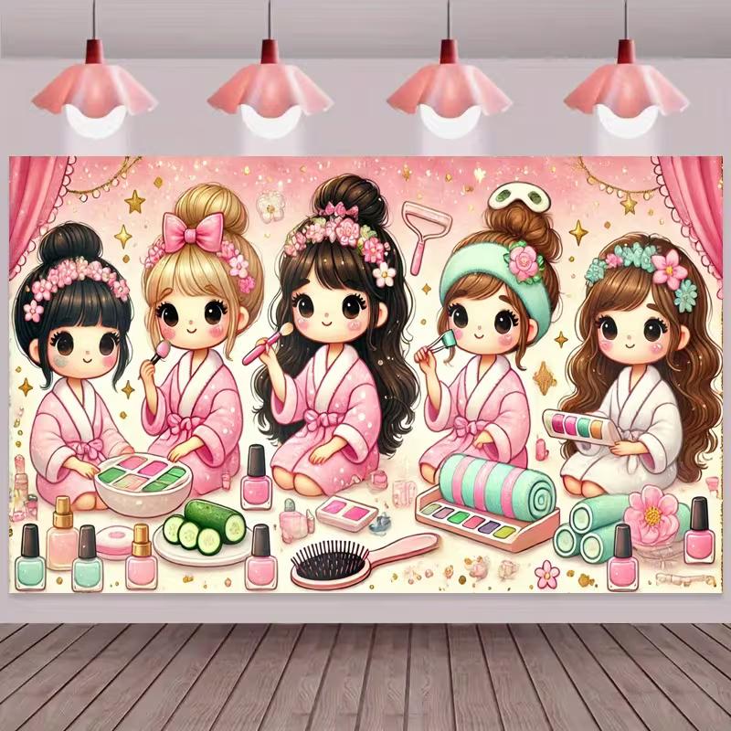 

2D Spa Party Backdrop, Cute Cartoon Girls in Pink Robes Makeup & Skincare Photography Background 47.2x31.5inch/120*80cm