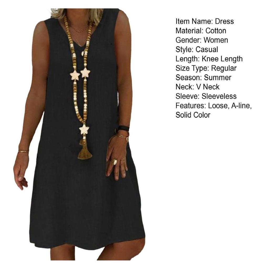 Yousheng Lady Summer Dress Sleeveless V Neck A-line Solid Color Knee Length Midi Dress Pullover Vest Type Vacation Beach Dress