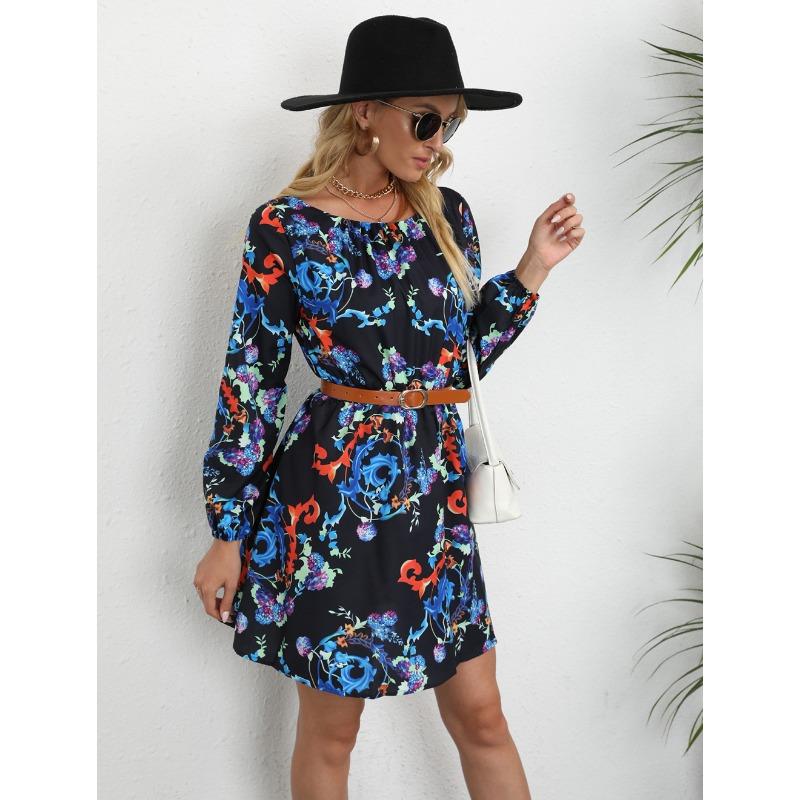 Autumn Women's Printed Waist Closed Round Neck Long Sleeve Dress