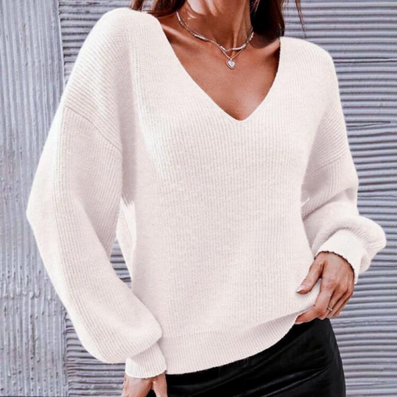 Womens V-Neck Knit Sweater Long Sleeve Loose Fit Solid Color Casual Pullover Office Daily Wear