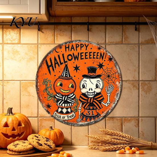 Nostalgic Party Wall Hanging Retro Halloween Sign, Round Metal Decorative Vintage Iron Sheet Sign Rustic Art Decor for Living Room Decoration