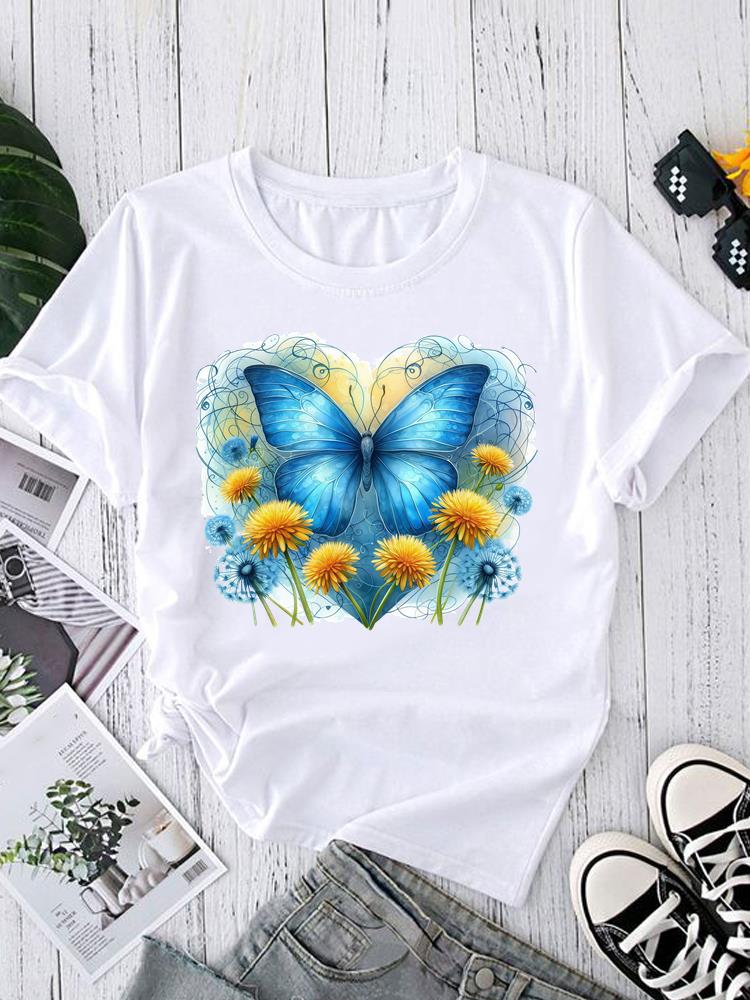 (Asian Size) Tee Fashion Print Casual Top O-neck Short Sleeve T-shirts Sweet Flower Style 90s T Graphic Female Women's Clothing