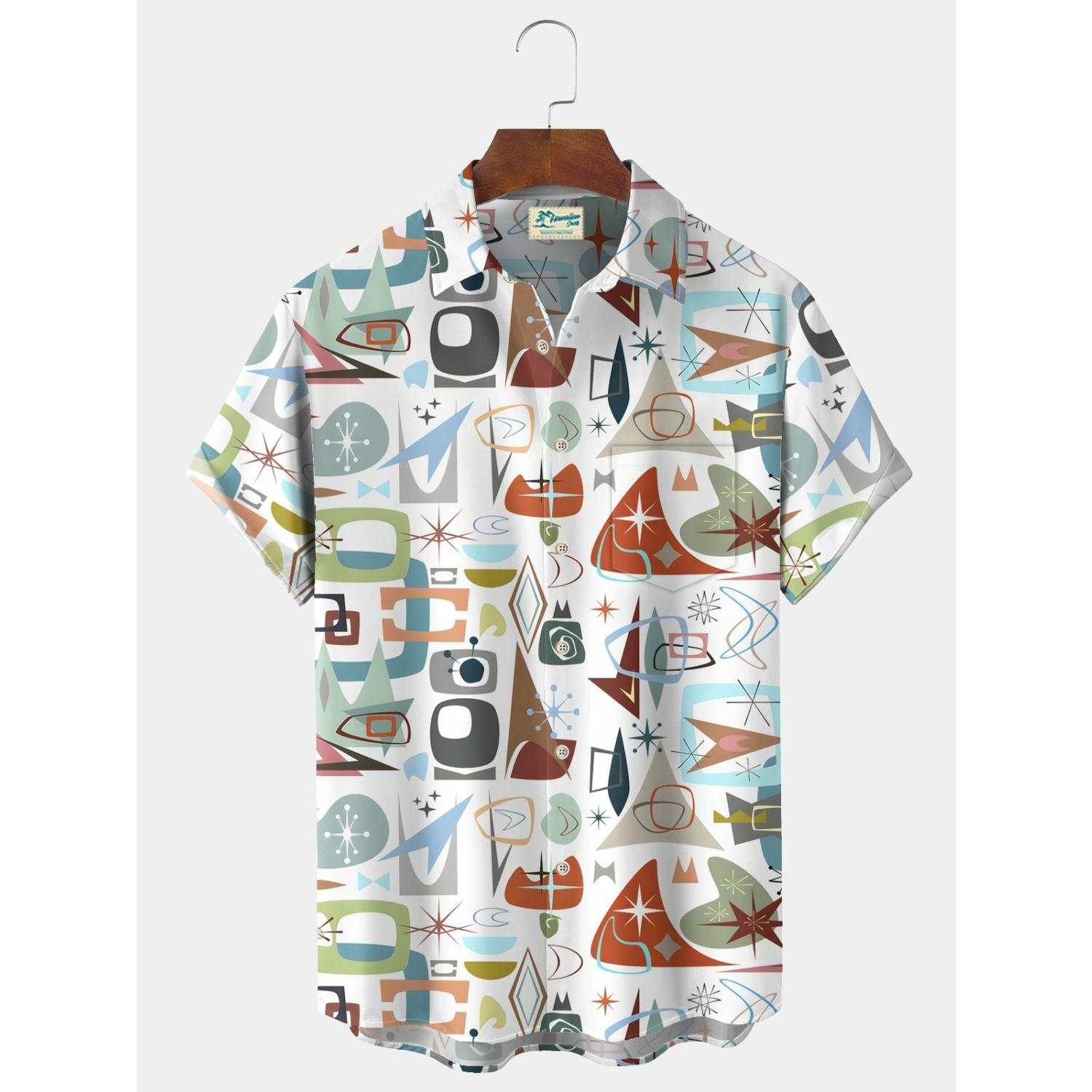 

2025 Лето Мужская 3D Печатная Геометрическая Художественная Графическая Рубашка Гавайские Повседневные Рубашки Застежка С Коротким Рукавом Рубашки Без Карманов 6XL