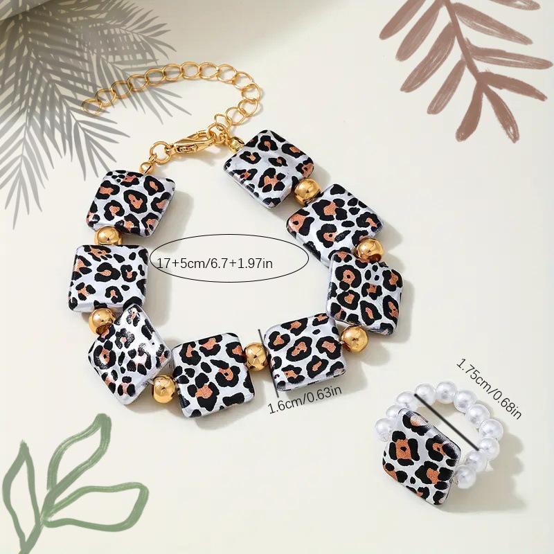 Бохо Геометрический Леопардовый Браслет и Кольцо с Искусственным Жемчугом